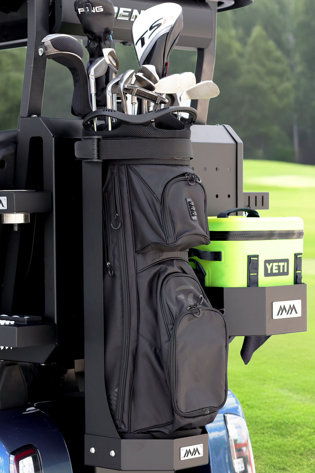 SUMMIT LINK golf setup with bag caddy and cart basket mounted on HUB