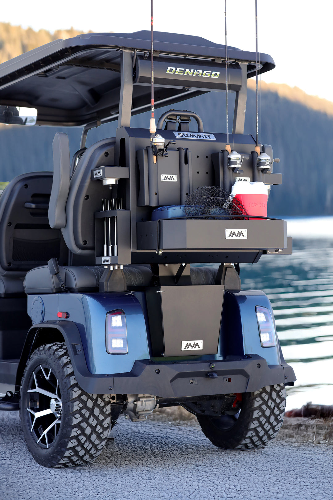 SUMMIT Outpost setup with two rod racks and full-width base basket mounted on HUB