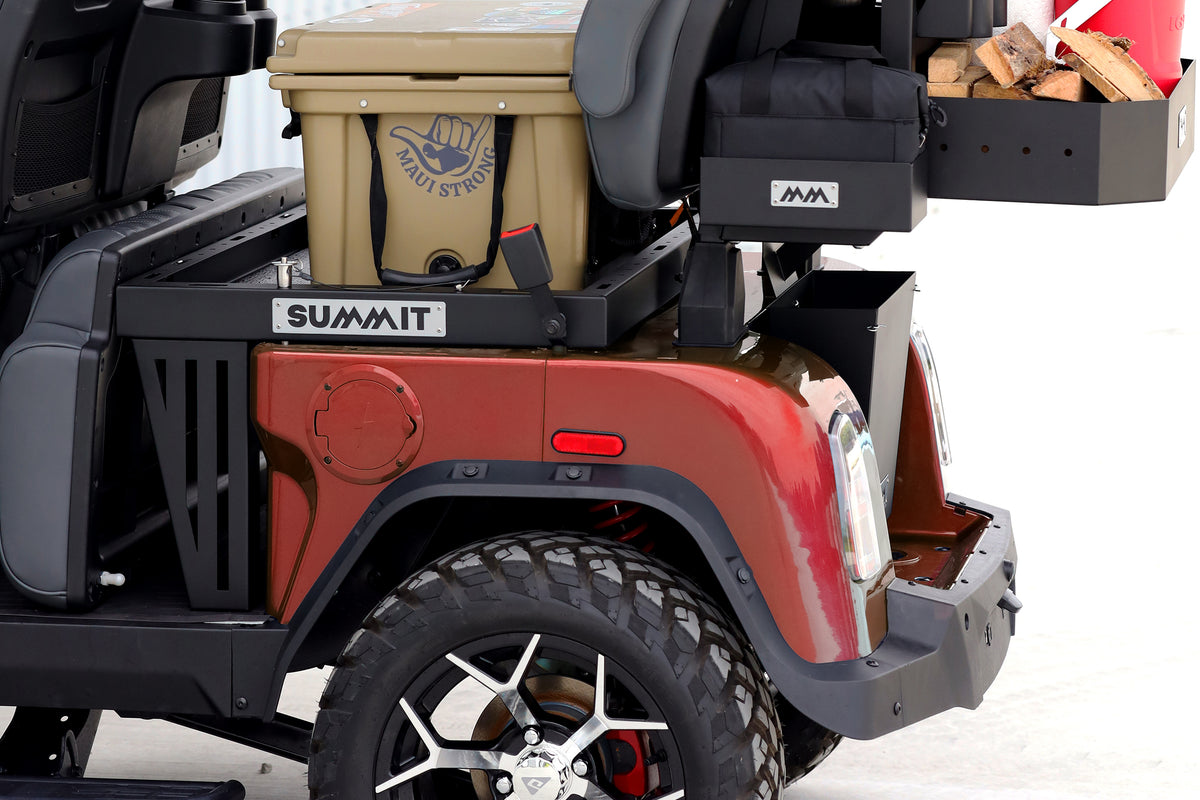 StowPro deck loaded with gear on a red Denago Rover golf cart