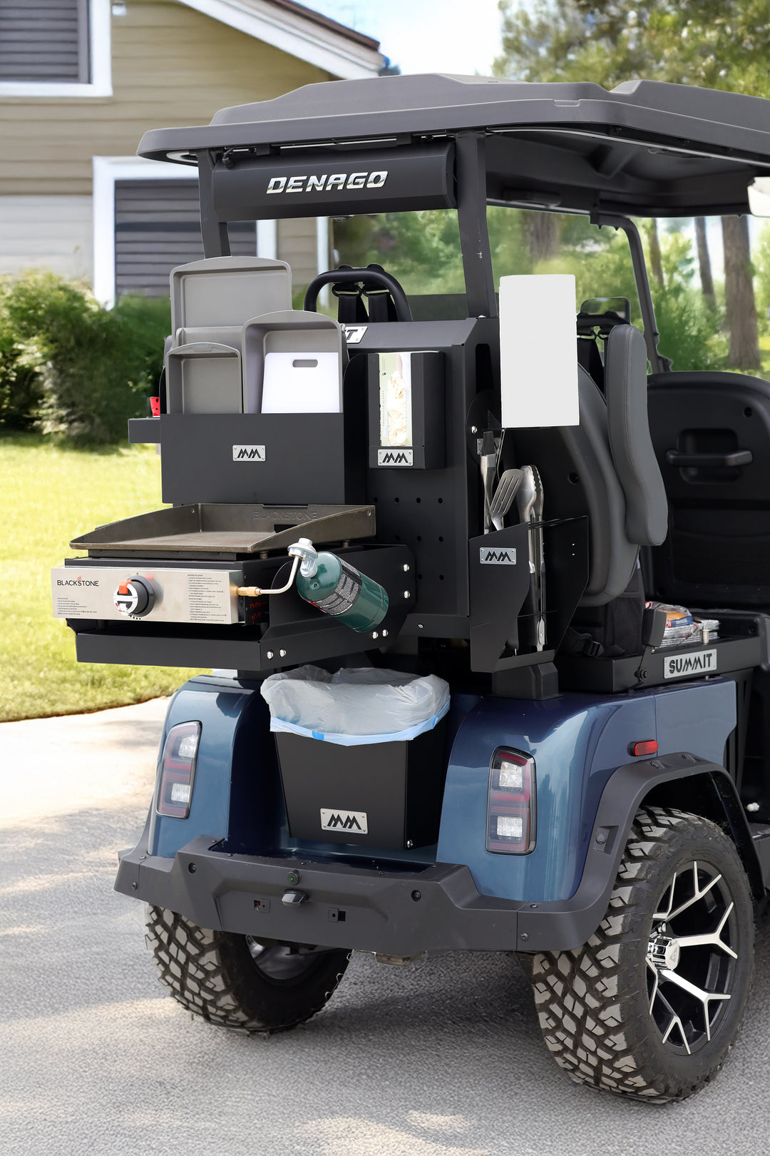 Complete SUMMIT Grill Station setup mounted on HUB on the back of a golf cart